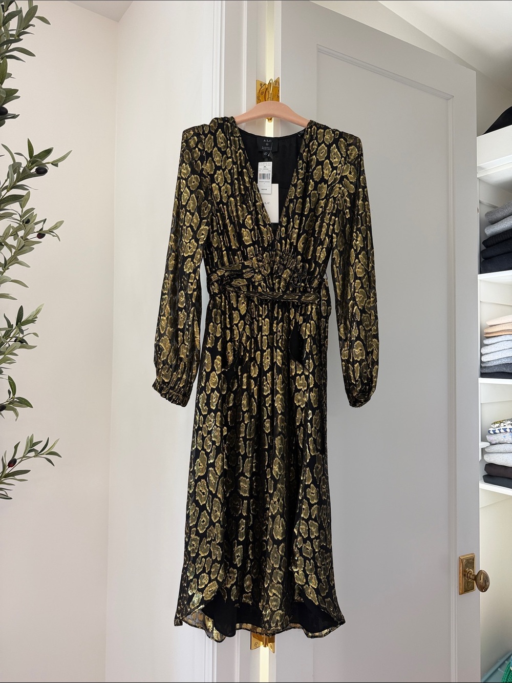 Barney’s NYC x A.L.C. Black and Gold Wrap Midi Dress